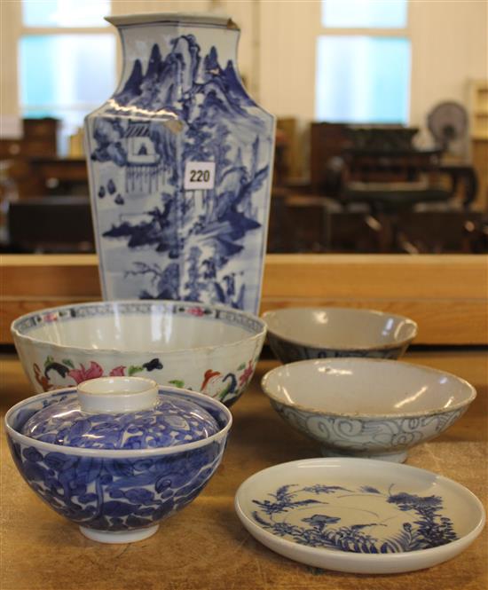 Two Ming provincial bowls, b&w vase, etc. (6)